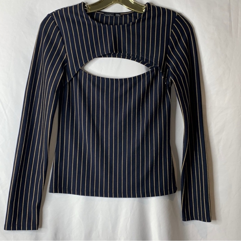 Zara Navy/Gold Striped Long Sleeve Shirt  - size Small